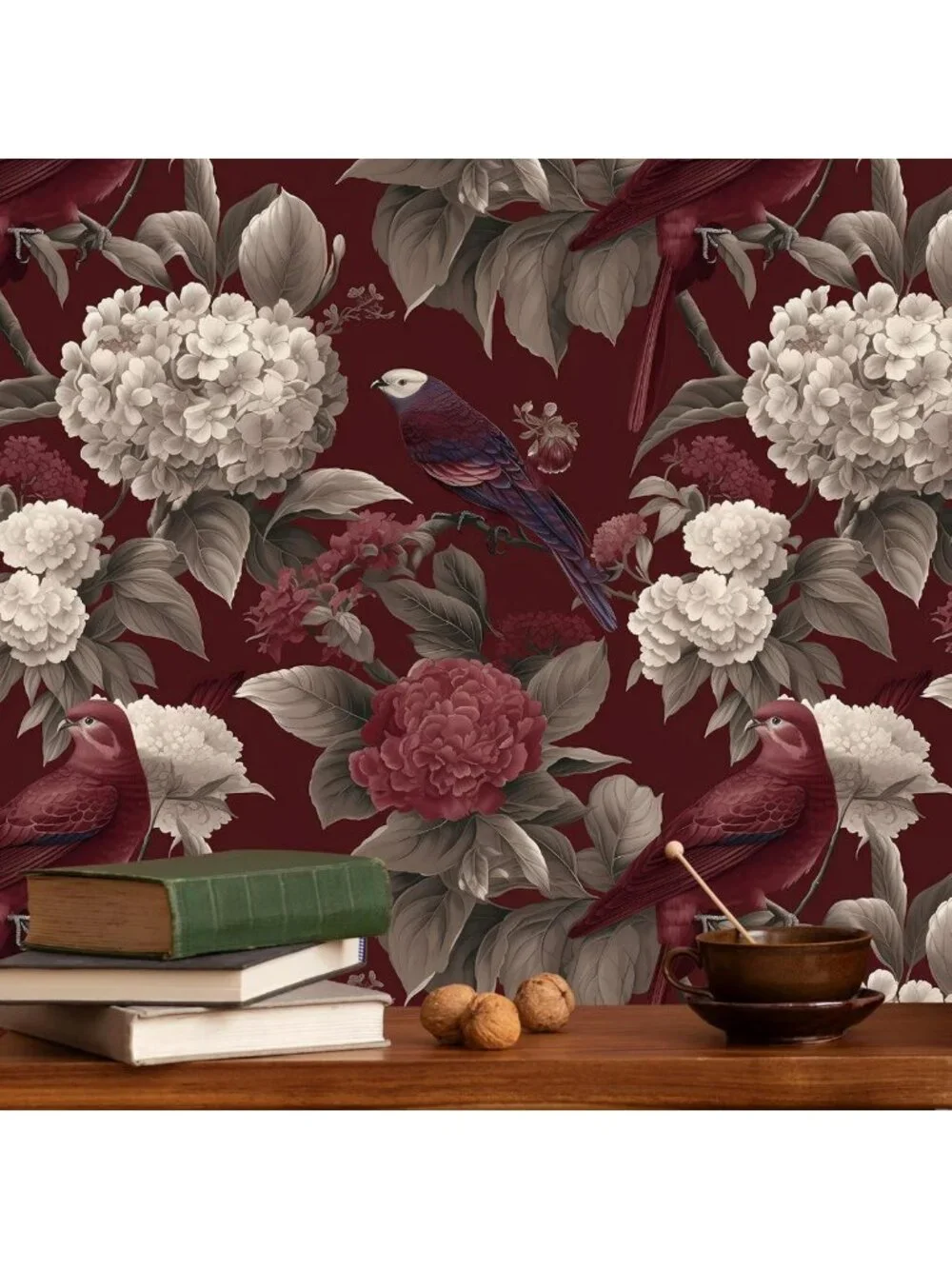 Deep Burgundy Floral Peel and Stick Wallpaper - Vintage Hydrangeas & Birds